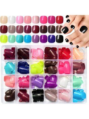 Colorful Short Square Press-On Toenails - Glossy Gel Finish, 576PC Set with